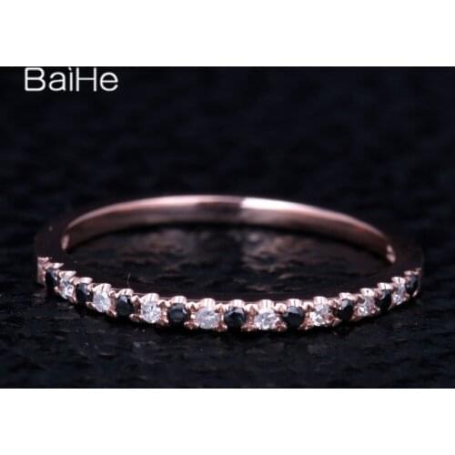 BAIHE Solid 14K Rose Gold 0.15CT H/SI Round Genuine Black Diamonds Women Ring Office/career Fine Jewelry Black Diamond Ring