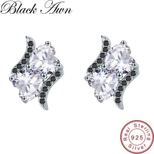 [BLACK AWN] 100% Genuine 3.5g 925 Sterling Silver Heart Jewelry Black Spinel Stone Cute Engagement Stud Earrings for Women T109