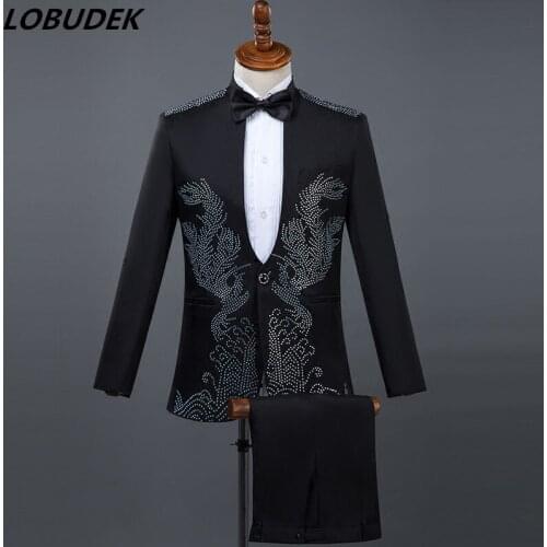 Black White Formal Mens Suits Bling stones Blazers Costume Singer Chorus Wedding Party Prom Host Studio Show Stage Suit