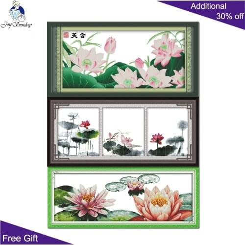 Joy Sunday Lotus Home Decor H063 H182 H285 14CT 11CT Counted Stamped Smile Triptych Summer Lotus Flowers Cross Stitch kits