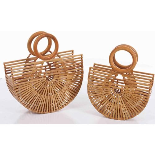 Ins Bamboo Female Weave Tote Bag Bamboo Basket Straw Woven Beach Handle Bags Semicircle Vintage Designer Handbag Large Saddl Bag
