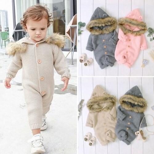 0-24M Baby Girl Boy Winter Rompers Clothes Knitted Long Sleeve Single Breasted Hoodie Romper Jumpsuit Outfits