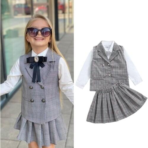 3Pcs Kids Girls School Outfit 2021 Autumn Children Long Sleeve Lapel Shirts + Plaid Blazer + Pleated Skirt Baby Clothes Set 2-7Y
