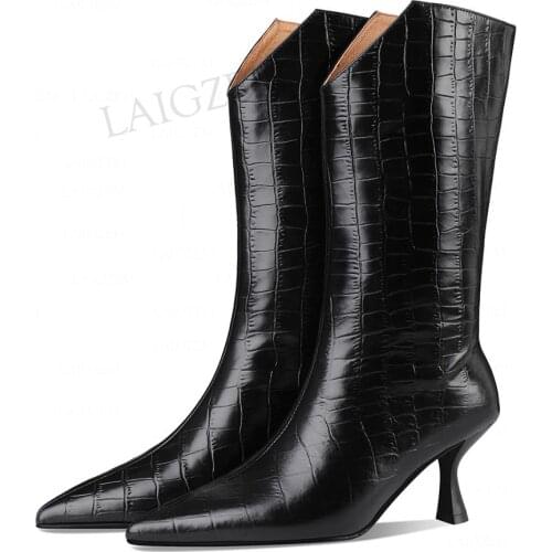 LAIGZEM Quality Women Calf Boots High 100% Real Leather 6.5CM Kitten Heels Boots Crocodile Black Beige Shoes Woman Size 37 38 39