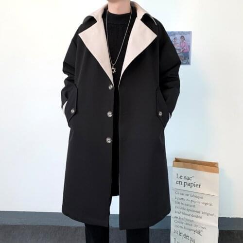 2021 Autumn Winter Mens Trench Contrast Color Turn-down Collar Male Long Coat Loose Overcoat Trend Handsome Casual Windbreak