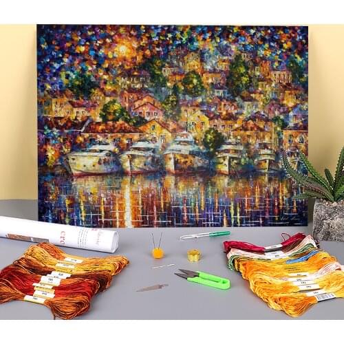 Roaring Harbor Printed Water-Soluble Canvas 11CT Cross-Stitch Set Embroidery DMC Threads Knitting Painting Hobby Stamped