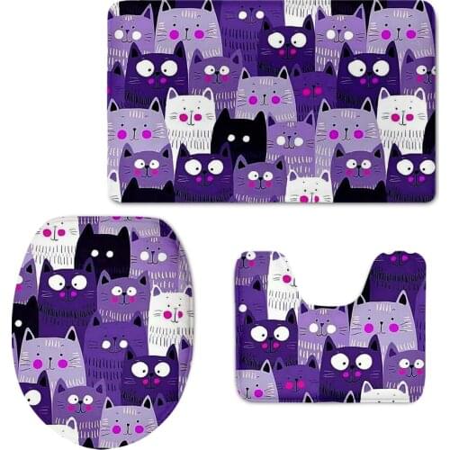 Funny Cartoon Cat Purple Print 3Pcs Set Bathroom Non-slip Mats Carpet Toilet Seat CoverWC Bath Mat Soft Waterproof Contour Rugs