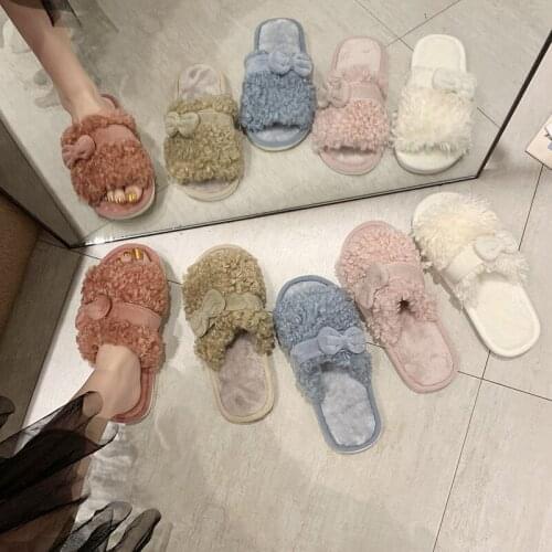 2020 Winter New Slippers Fashion Warm Bow Slippers Indoor Home Furry Drag Flat Cute Womens Shoes