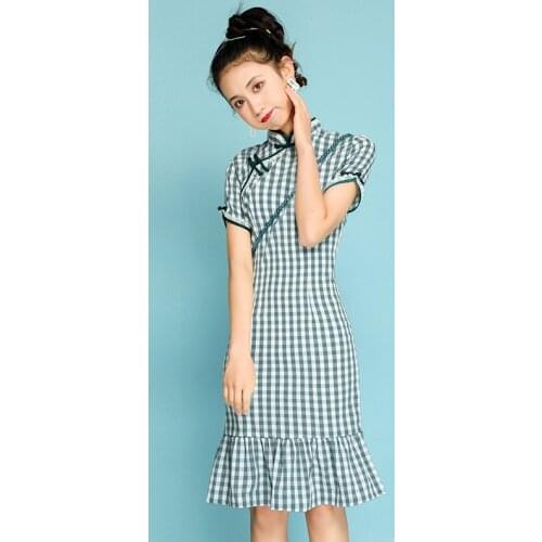 Summer New Modified Version of Chinese Style Small Girl Cheongsam Daily Fishtail Plaid Lace Dress