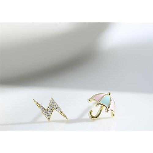 New Fashion Creative Simple Personality Lightning Umbrella 925 Sterling Silver Jewelry Asymmetric Women Stud Earrings E048