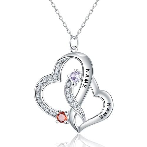 YSH 925 Sterling Silver personalised Letter Double Heart Pendant Necklaces Engraved Name and Birthstone DIY Custom Jewelry Gifts