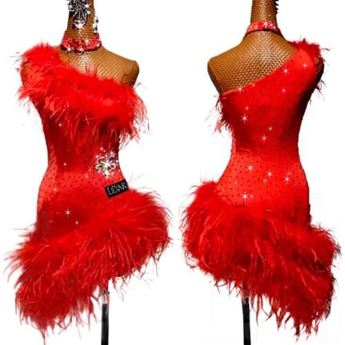 Latin Dance Competition Clothes Women Oblique Shoulder Crystal Red Latin Dance Dress Cha Cha Salsa Dancing Feather Dress BL6879