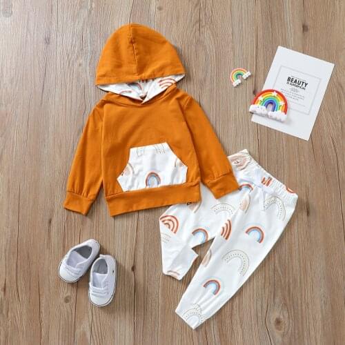 Girls Casual Two-piece Clothes Set, Rainbow/ Floral Printed Pattern Hooded Pullover and Pants, Caramel/ Dark Green