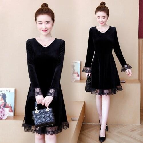 Plus Size Womens Clothing Fall Clothing New Gold Velvet Lace Stitching Dress Woman Dresses Vestido De Mujer Femme Robe