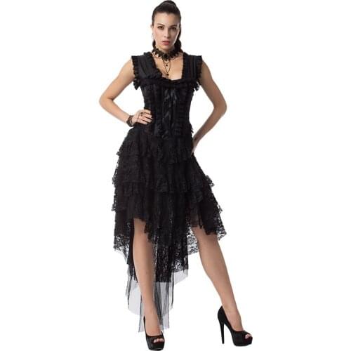 Sexy Gothic Black Sleeveless Hight-low Length With Lace Trim For Womens Dance Wear Performance Lace Up Closure Retro Dresses