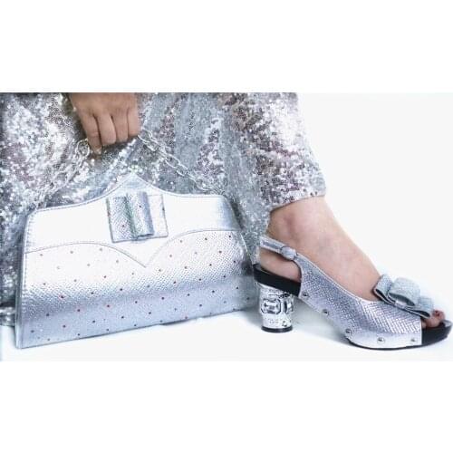 Hot sale silver women pumps with big crystal heel style african dress shoes match handbag set GL1912-2,heel 6.5CM