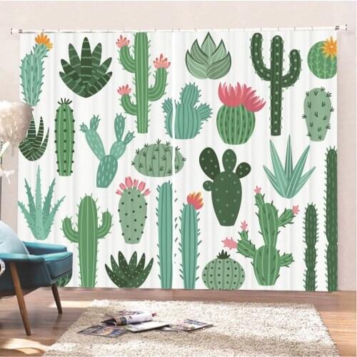 Cactus/Flower Window Curtain 3D Print Christmas Gift Curtain For Living Room Window Drapes 2 Panels Cartoon Window Treatment