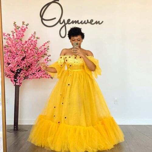 Yellow Demure Elegant Woman Dresses Tulle Ruffles Dress One-shoulder Ribbon Trim Flowers Strapless Lace Custom Made Plus Size