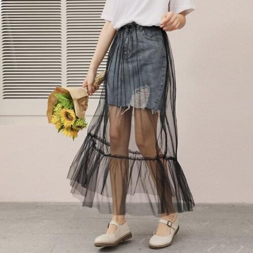 2020 Summer New Thin Edges Worn Mesh Stitching Denim Jeans Skirt Tide Long Denim Skirts Womens with Mesh Tulle Skirts Womens