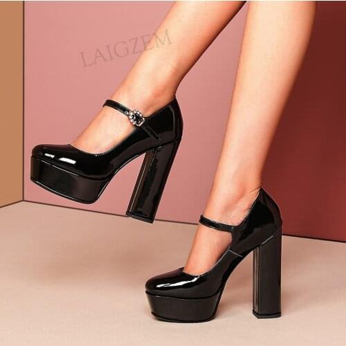 LAIGZEM Women Platform Pumps Leather/ Suede Mary Janes Block High Heels Party Wedding Club Dress Shoes Woman Size 33 38 39 40