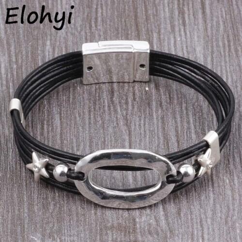 ELOHYI Bohemia Oval Pentacle Leather Rope Magnet Buckle Bracelet Top Quality Plated Material For Women Elegant Design Jewelry