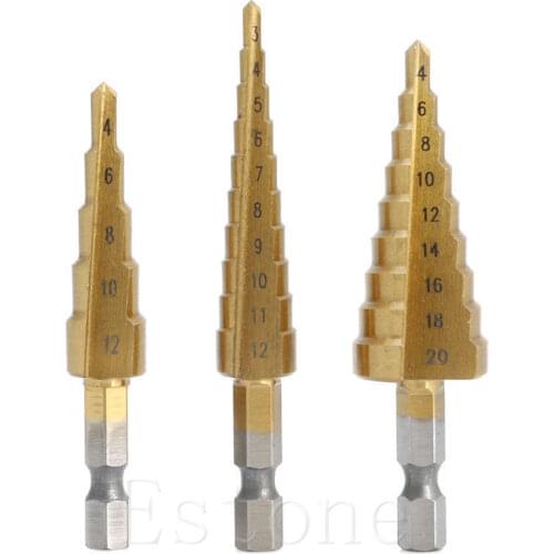 3Pcs HSS 4241 Steel Step Cone Titanium Coated Drill Bit Cut Tool Hole Cutter Set