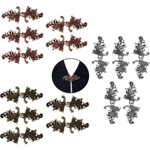 5Pairs Chinese Frog Button Filigree Leaf Cape Cloak Clasp Fasteners Hook Eye Brooch Button Clip Pin for Cardigan Dresses Cheongs