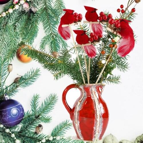 6pcs New Year Artificial Birds Red Clip-on Cardinals Feathered Bird Miniature Fake Birds Holiday Party Christmas Village Decor