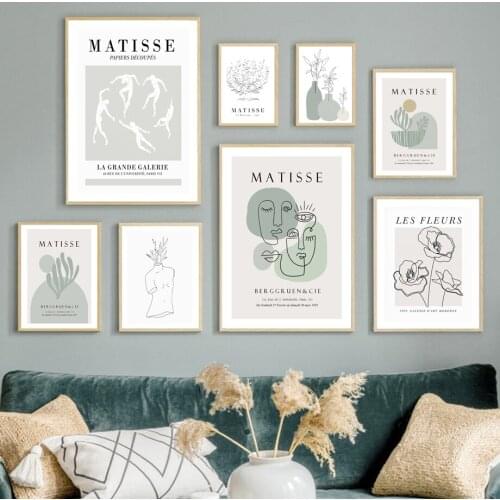 Abstract Line Flower Vase Figures Matisse Gray Green Wall Art Print Canvas Painting Nordic Poster Decor Pictures For Living Room