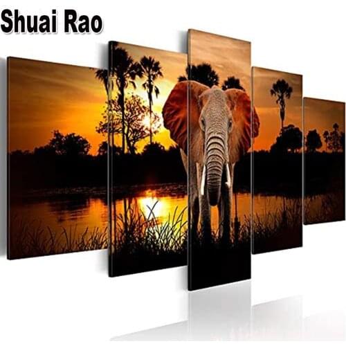 Animal diy diamond painting African Elephant diamond embroidery Scenery Pictures full Square round drill Home decor,5 Panel