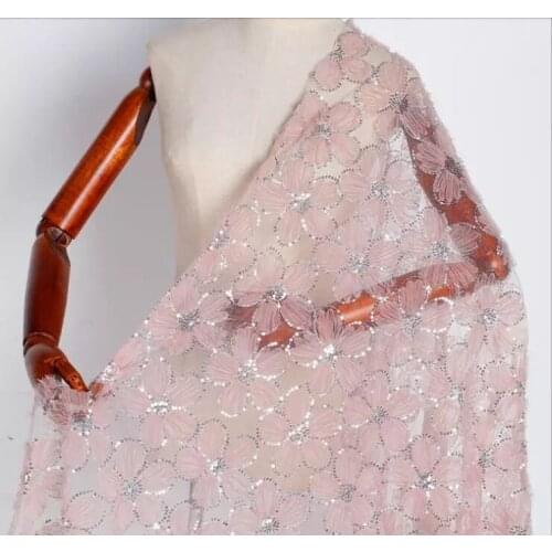 White 3D Flower Sequins Embroidery Mesh Lace Fabric For Wedding Dress Skirt Designer Fashion Fabric