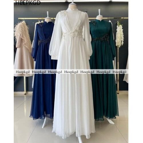 White Muslim Evening Formal Dress High Neck Beads Chiffon Plus Size Wedding Party Dresses Long Sleeves Evening Gowns