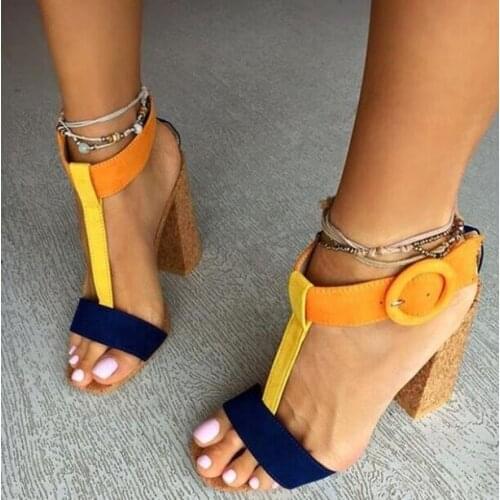 Top New Summer Fashion Woman Dark Blue Yellow Orange Patchwork Round Buckle Straps Rough Heels Open Toe High Heel Party Sandals