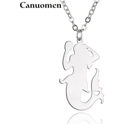 Canuomen Mermaid Pendant with Love Heart Stainless Steel Sea Woman Shape Necklaces Link Chain for Women Charm Jewelry Gifts