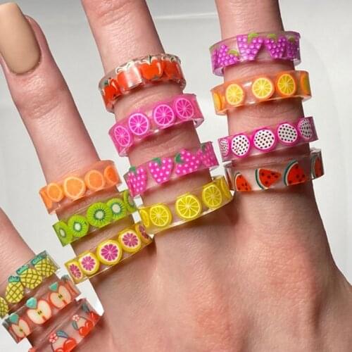 Korean Charms INS Acrylic Fruit Rings For Women Cartoon Cute 90s Style Y2K Strawberry Lemon Resin Ring Fashion Jewelry Aesthetic