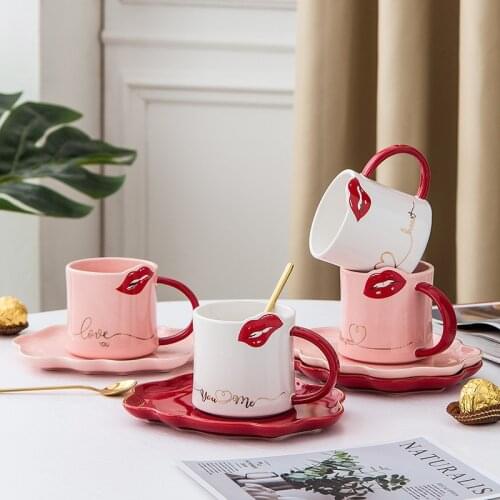 Creative Red Lips Cup with Saucer Spoon Set Ceramic Coffee or Tea Cup Saucer Home Kitchen Drinkware Funny Birthday Wedding Gifts