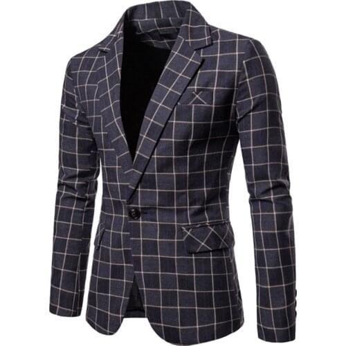 Single row one buckle Men Suit Autumn Leisure Lattice Men Suit Lapel Cotton Men Dark Color Coat Ventilation Comfortable Suit