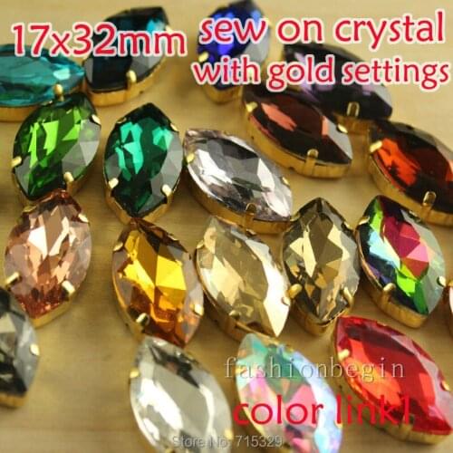 Sew on 12pcs 17x32mm navette crystal Sewing Glass Crystal Sew On Rhinestone with Claw Setting Loose Stone For Garments