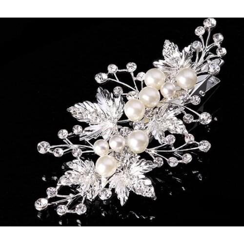 Luxurious Hair Jewelry Silver Color Leaf Rhinestone And Pearl Hair Clips Bridal Barrette Crystal Wedding Head Piece For Brides