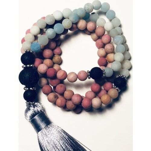 8mm Lava Stone 6mm Matte Amazonite & Rhodonite Mala Necklaces 108 Mala Beads Necklace Tassel Necklace Yoga Gift For Women