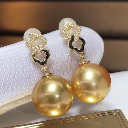 D918 Pearl Earrings Solid 18K Gold Diamonds Round 10-11mm Nature Sea Water Golden Pearls Drop Dangle Earrings for Women Gifts