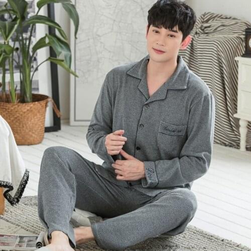 Spring Pyjamas Plus Size L-4XL Mens Pijamas Long Sleeve Turn-down Collar Cardigan Men Pajama Sets Knitted Cotton Male Pajamas