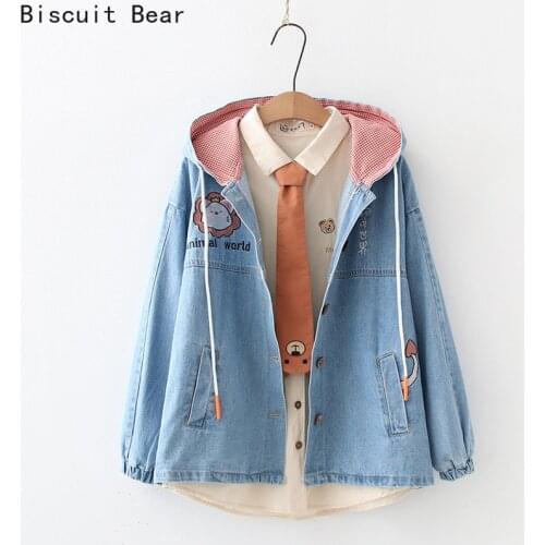 Japanese Spring Cute Hooded Denim Jacket Coat Young Girl Student Cartoon Embroidery Loose Retro Preppy Style Outwear Tops