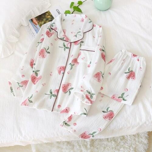 Womens Cotton Double Layer Gauze Pajamas Turn-down Collar Pijama Long Sleeve Pants Sleepwear Printing 2 Piece Plus Size Pyjamas