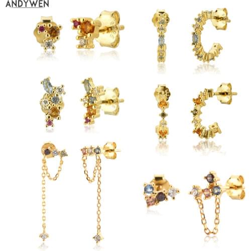 ANDYWEN 100% 925 Sterling Silver Mini Stud Earring Colorful Rainbow CZ Zircon Round Climber Fine Jewelry 2021 New Luxury