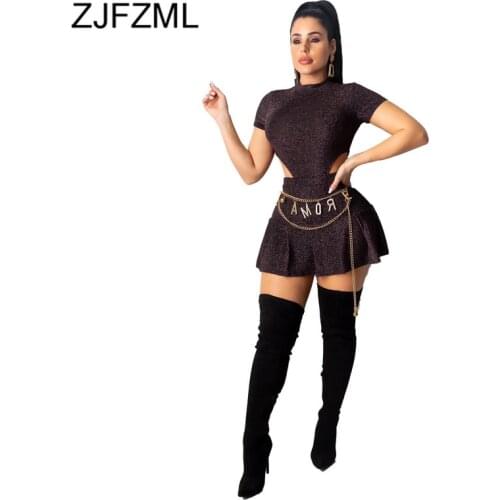 Lurex Sexy Two Piece Skirt Set Women Stand Collars Short Sleeve High-Cut One Piece Bodysuit and Mini Pleated Skirts Club Outfits