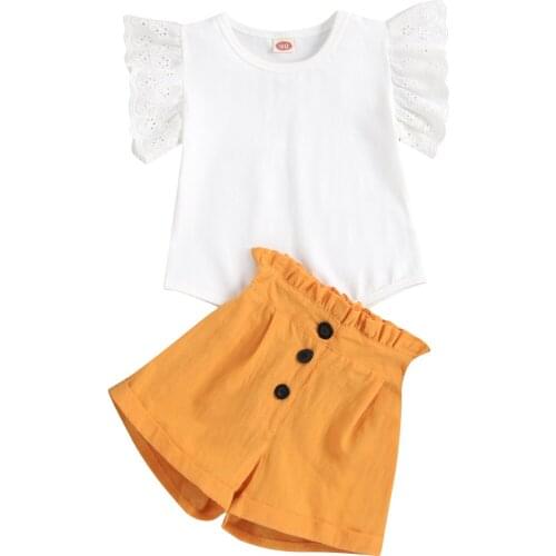 2021 2-7Y Fashion Kids Baby Girl Clothing Set Lace Ruffle Short Sleeve White Blouse Top+Button Yellow Shorts Summer 2pcs Outfits
