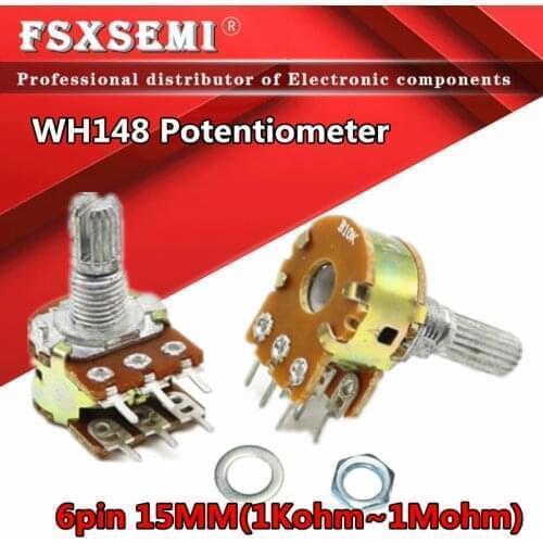 30pcs WH148 B1K B2K B5K B10K B20K B50K B100K B500K 6Pin 15mm Amplifier Dual Stereo Potentiometer 1K 2K 5K 10K 50K 100K 500K