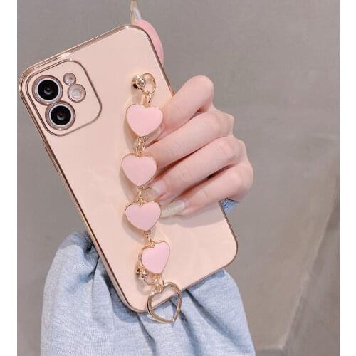 INS Pink Wrist Bracelet Chain Phone Case For iPhone 12 11 Pro Max XS XR Luxury Plating Shockproof Back Cover