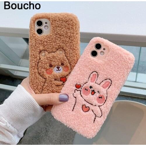 Cute Embroidery Bear Rabbit Phone Case for iPhone 12 Mini Pro Max XS XR X 11Pro Max SE 6 S 7 8 Plus Furry fluffy Warm Soft Cover